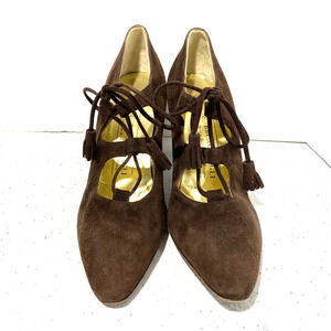 Vintage Bruno Magli brown suede lace up high heels narrow shoes 8 AAA tassel tie